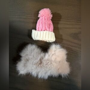 Labubu BIE Pink & Cream Knit Pom Pom Hat with Blush Faux Fur Coat